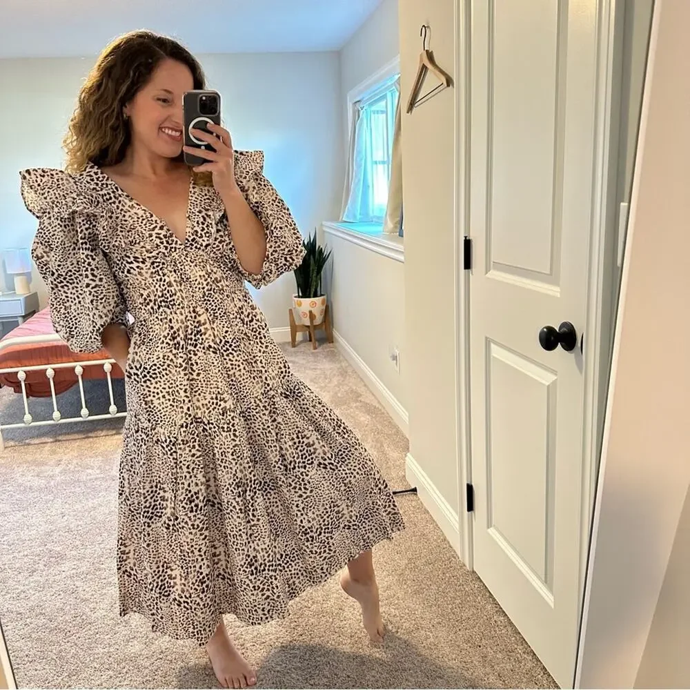 NWT Sea New York White Brown Animal Printed Puff Sleeve Maxi Dress 6
